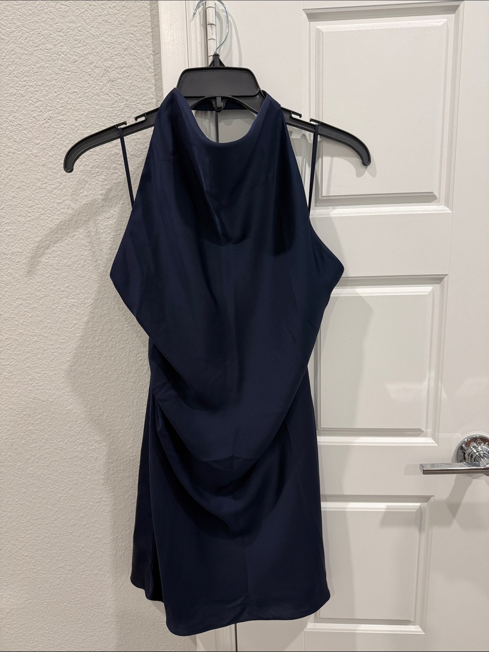 Babaton Navy Satin Draped Mini Halter Dress